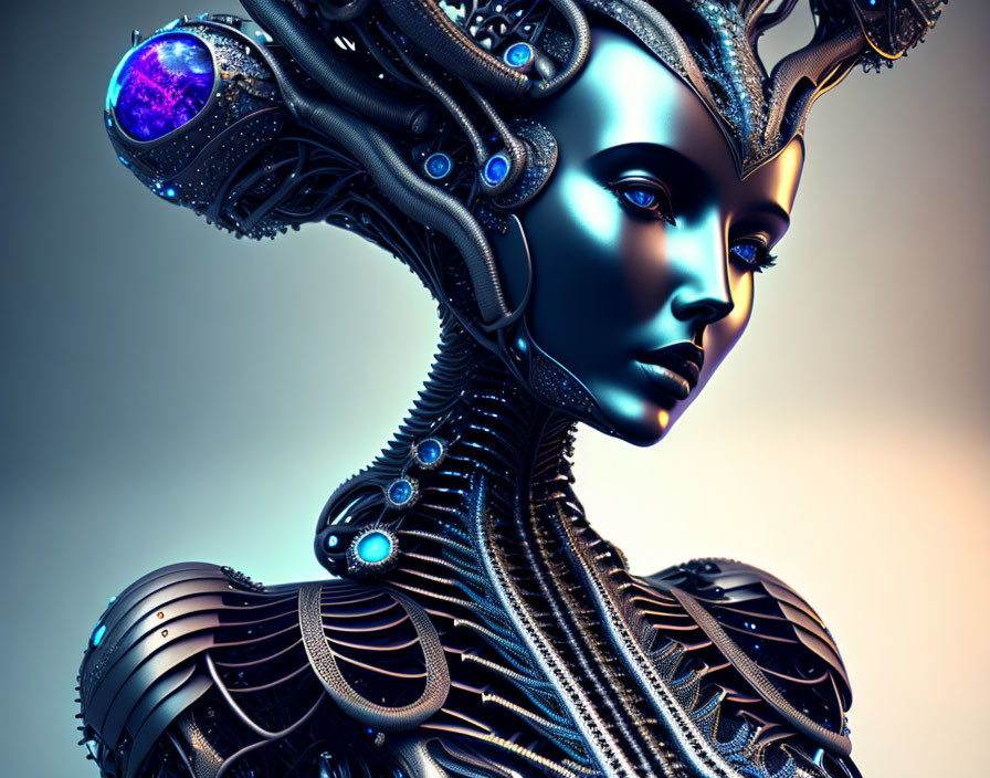 Female Android Digital Artwork with Metallic Designs and Purple Orb