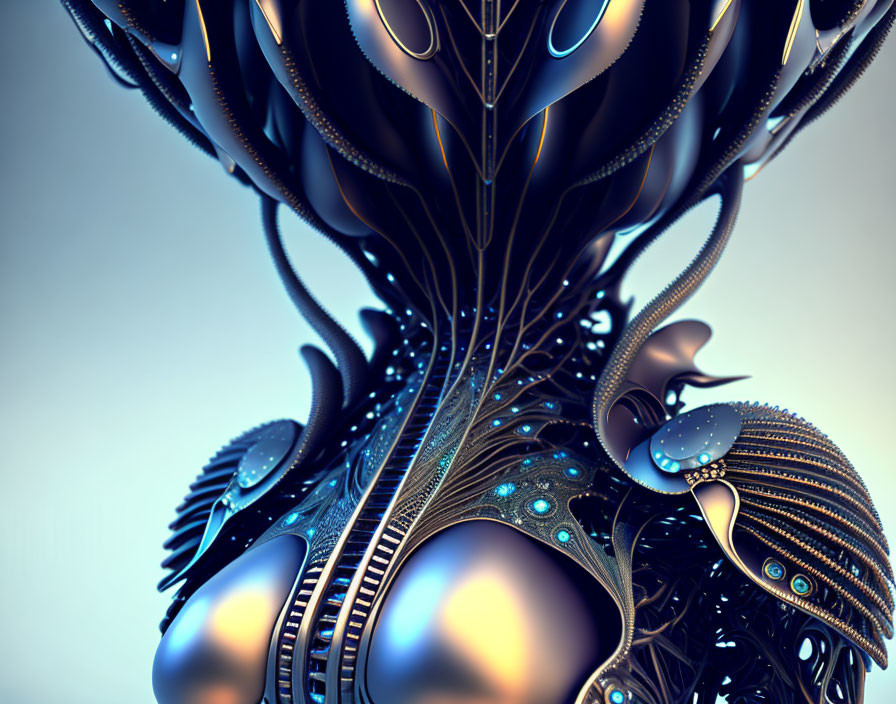 Detailed digital artwork: Metallic, organic structure with intricate curves and spheres in cool blue tones