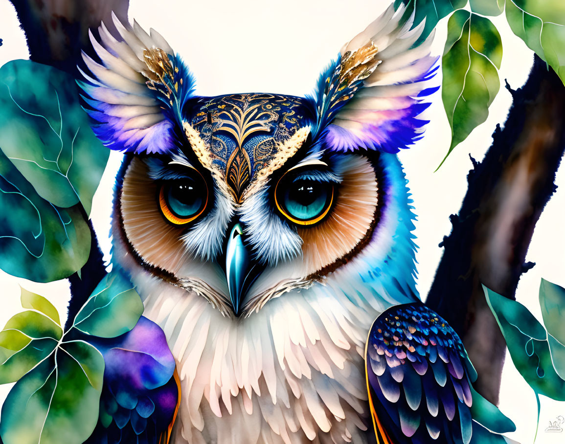 Colorful Owl Painting with Elaborate Patterns and Expressive Blue Eyes