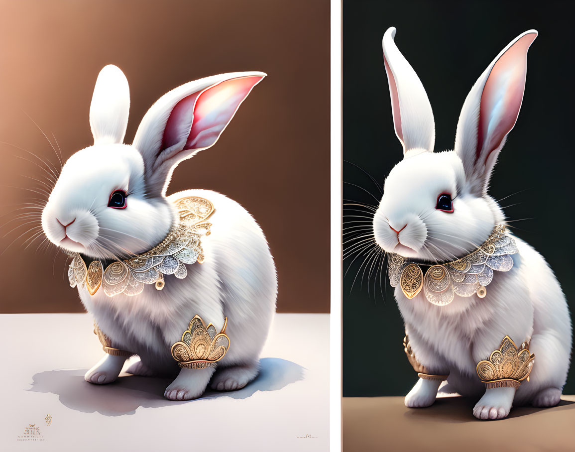 Detailed White Rabbit Illustration in Two Lighting Settings