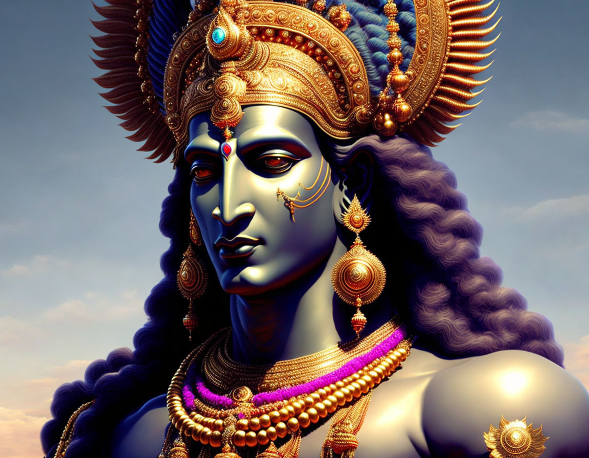 Blue-skinned figure with golden jewelry and headdress against cloudy sky