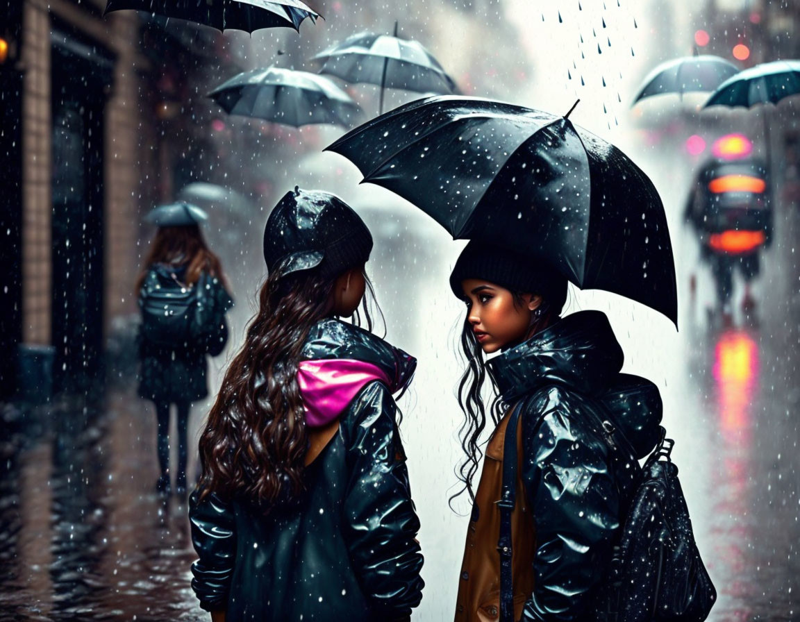 Children with umbrellas on rainy city street with wet pavement and pedestrians.