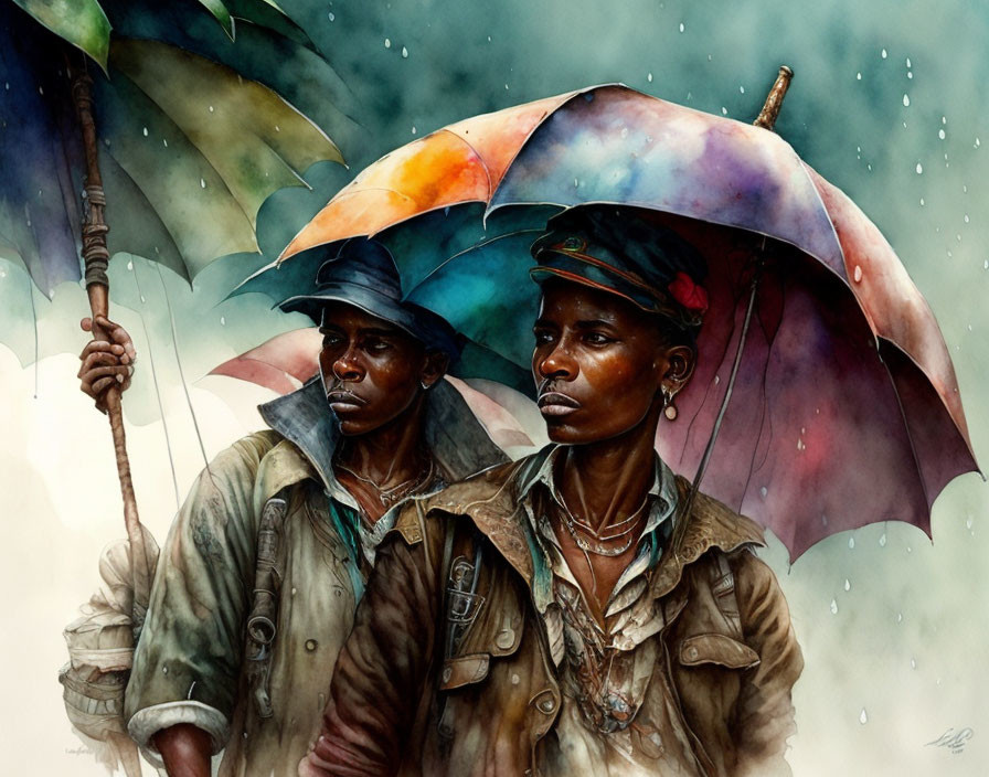 Two individuals under colorful umbrellas with hats, in a rainy setting.