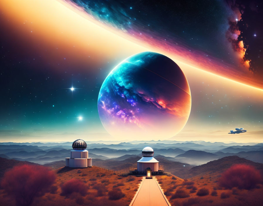 Vibrant digital art of observatory on hilly terrain with colorful planet, stars, spaceship in