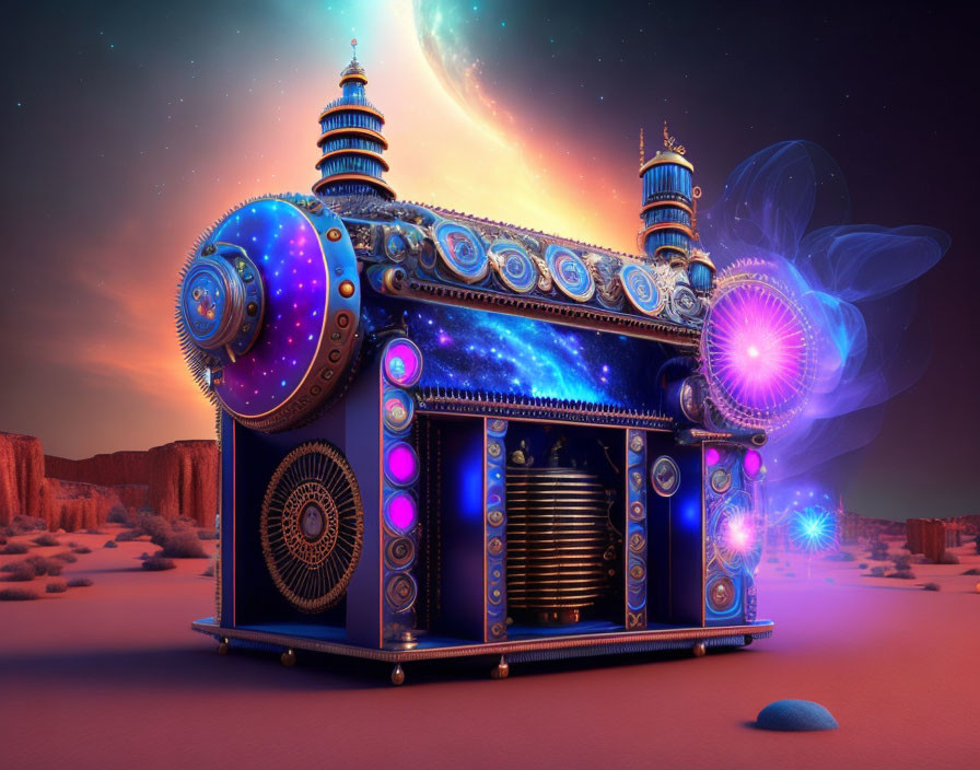 Fantastical illuminated machine in desert with cosmic sky.