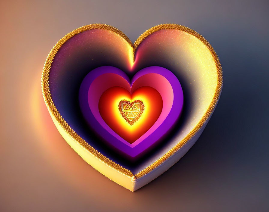 Concentric Hearts 3D Digital Illustration in Purple-Yellow Gradient