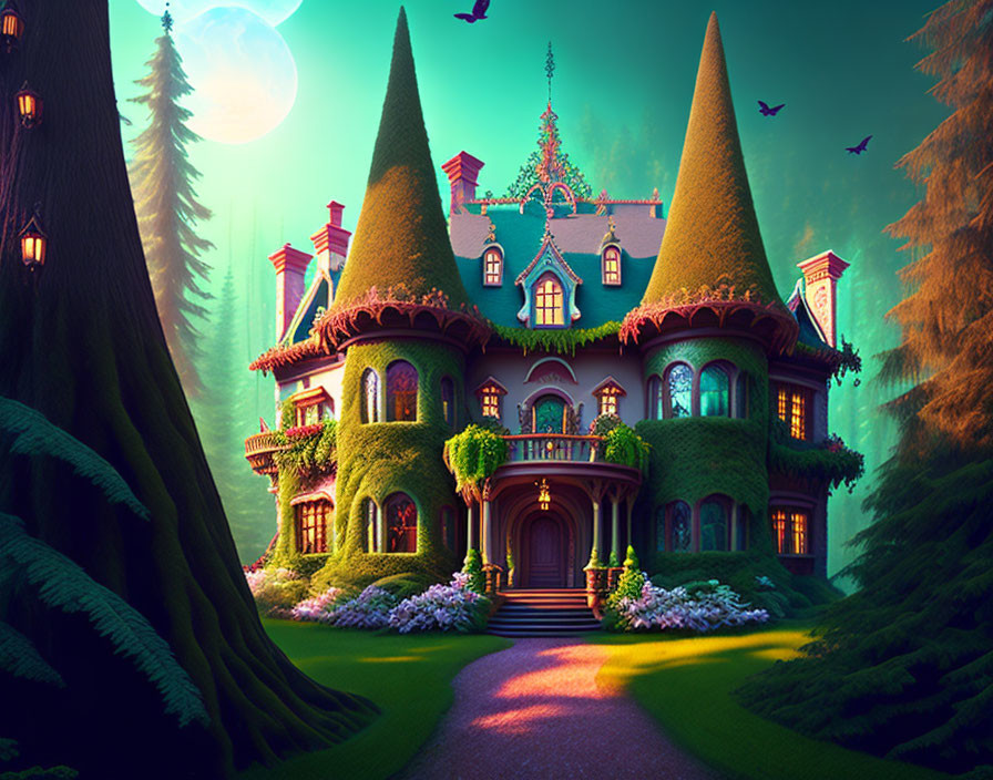 Fairy-tale mansion nestled in lush greenery under pinkish-purple twilight sky