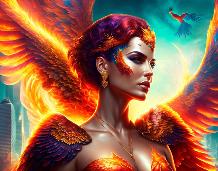 Colorful artwork: Woman with fiery wings in futuristic cityscape with bird pose.