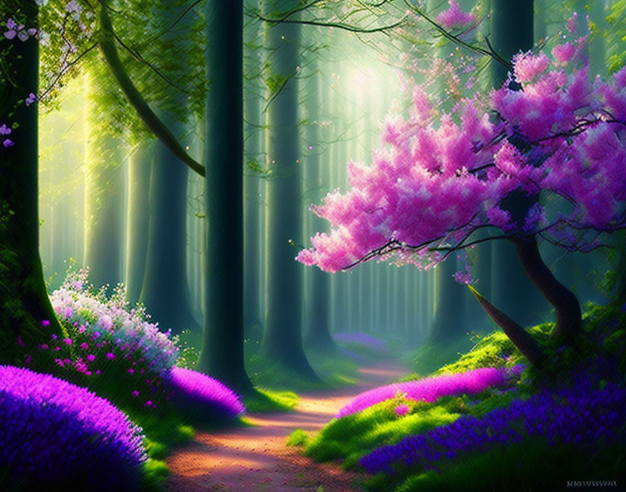 Enchanting forest scene with cherry blossom tree and purple flowers