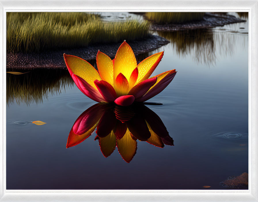 Vibrant digital water lily with red and yellow gradient on dark water surface