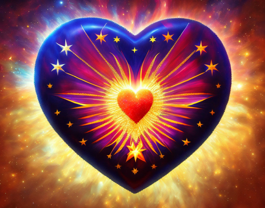 Colorful cosmic graphic: large heart, stars, light, smaller hearts, fiery nebula.