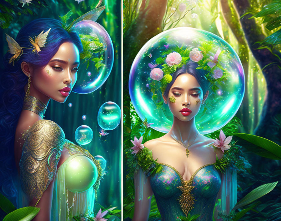 Fantasy illustration of woman with glowing bubbles in ethereal forest setting