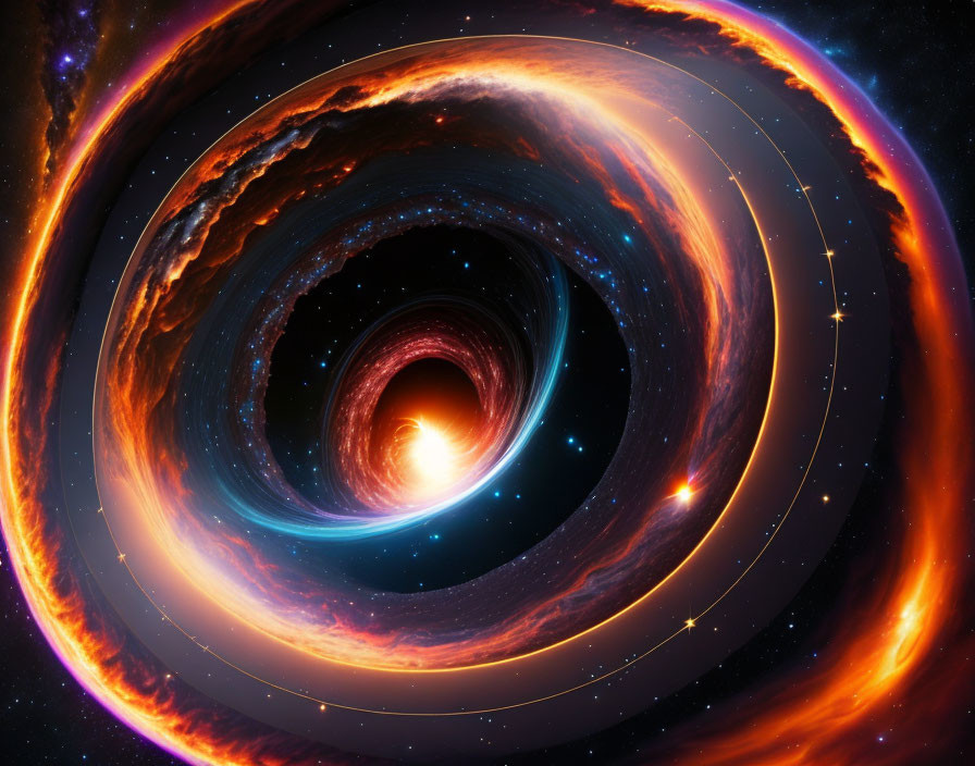 Colorful swirling galaxy with fiery black hole and stars.