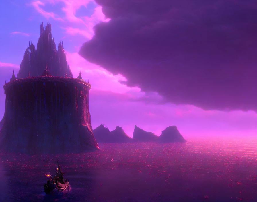 Fantastical image of boat near dark castle in purple sea & sky