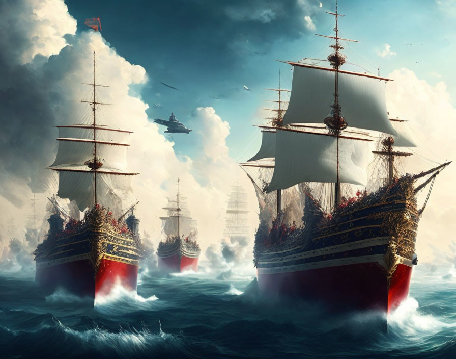 Majestic sailing ships and futuristic airship in stormy sea