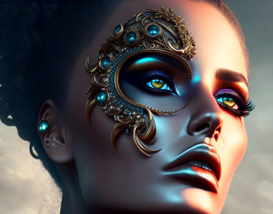 Vividly colored woman with artistic makeup and ornate mask showcasing striking eyes