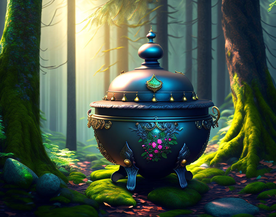 Intricate mystical pot in forest with gold and floral designs