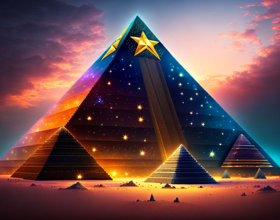 Vibrant surreal pyramids at sunset with glowing stars