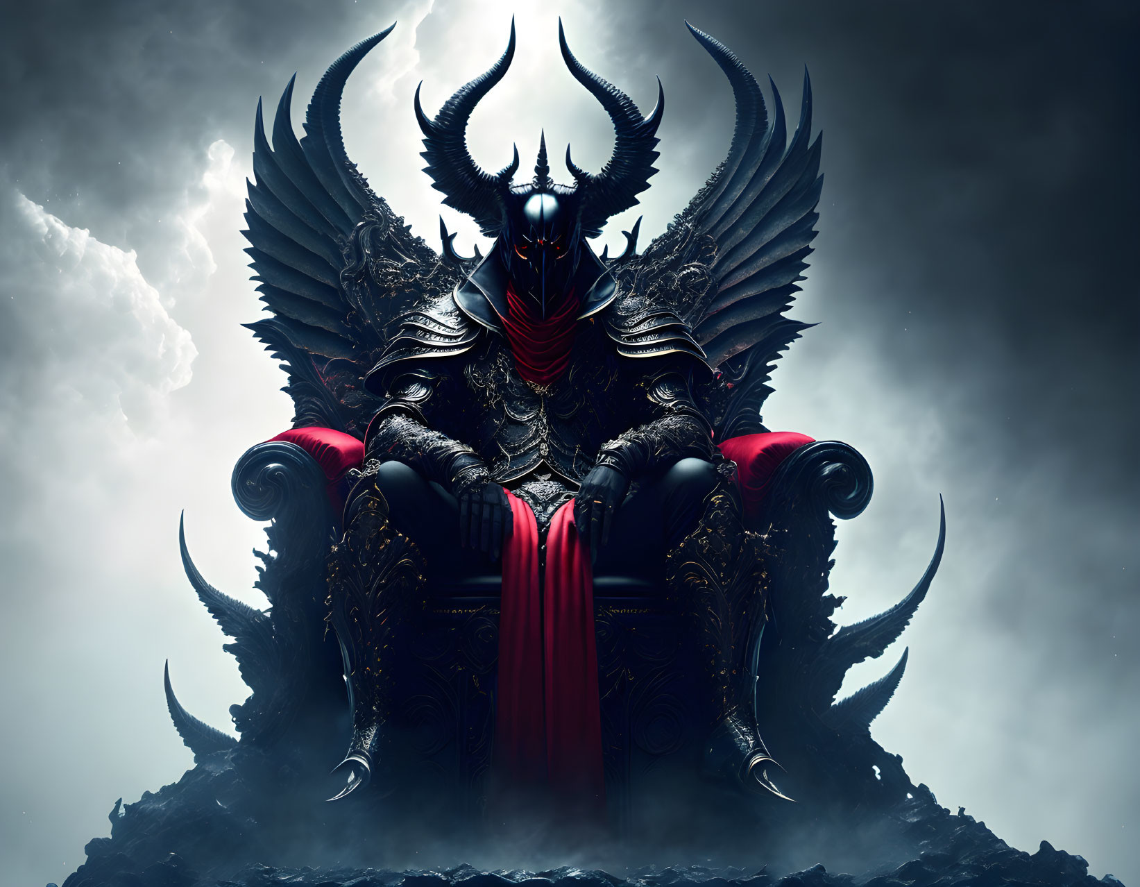 Dark figure with horns and wings on throne under gloomy sky