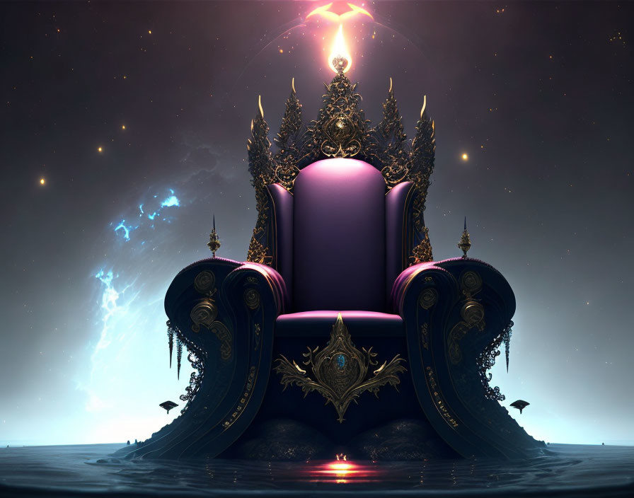 Majestic purple cushioned throne under night sky with golden details