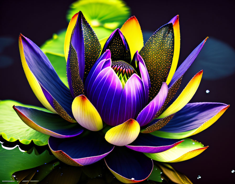 Colorful Lotus Flower Artwork with Purple, Yellow, and Blue Petals