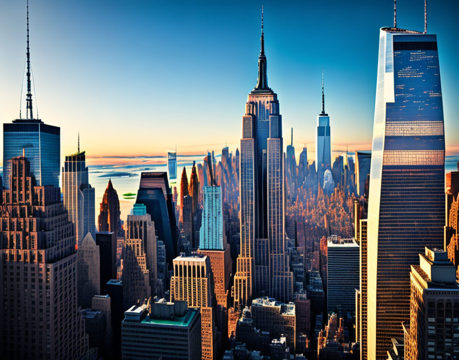 Iconic New York City skyline at sunset with Empire State Building and One World Trade Center.