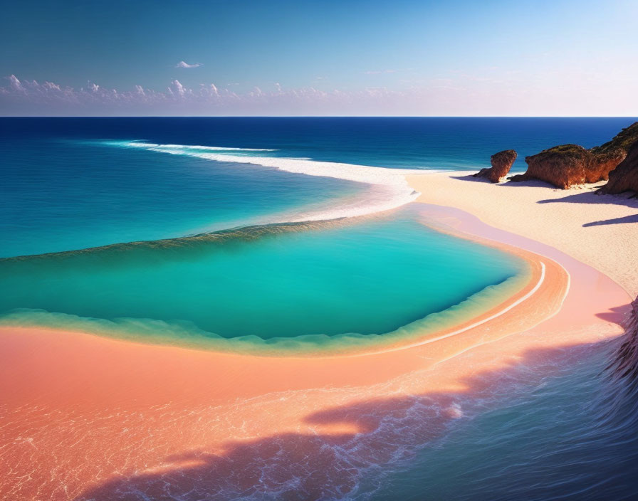 Pink Sand Beach with Turquoise Waters and Cliffs on a Blue Sky Background