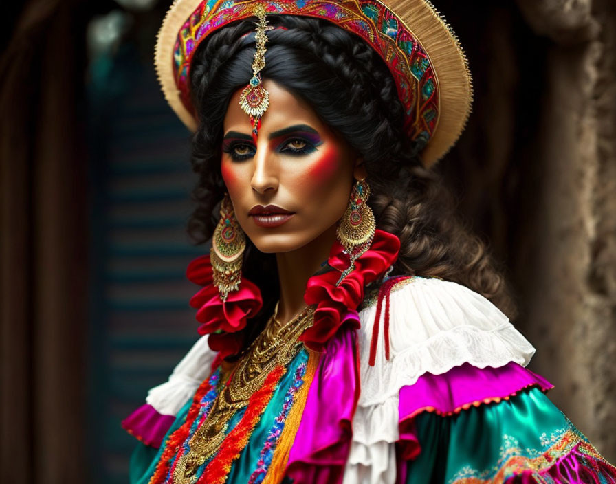 Colorful traditional outfit and dramatic makeup on woman with statement jewelry and large hat against old backdrop