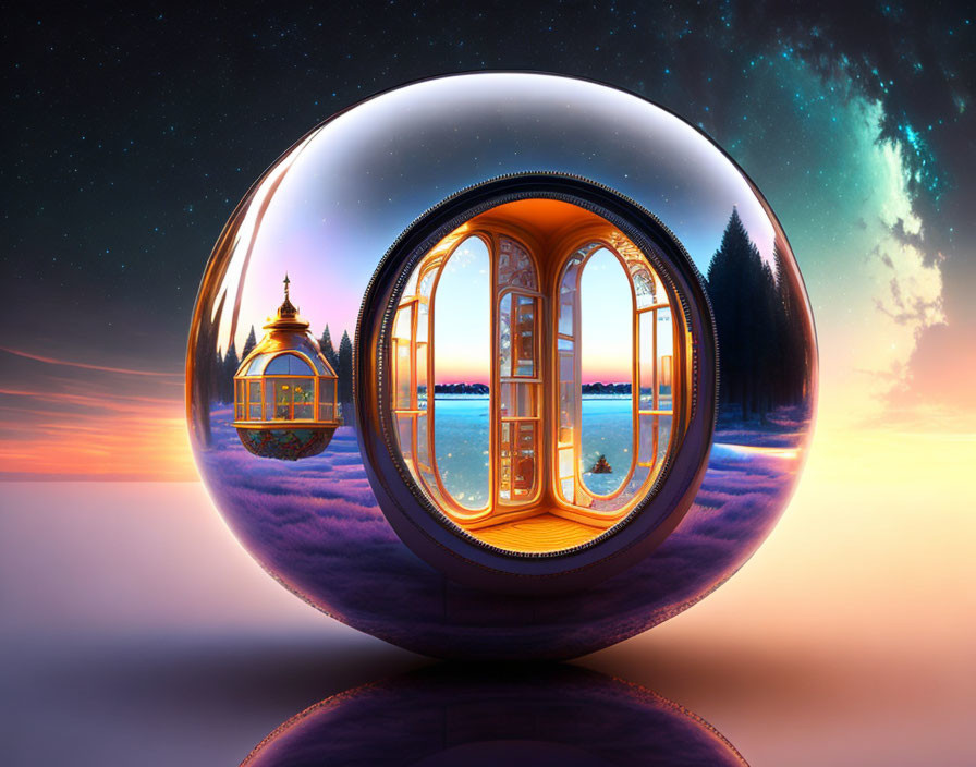 Reflective sphere with window-like openings revealing landscapes under twilight sky.