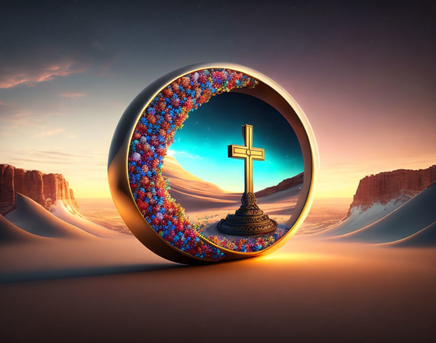 Surreal golden cross in circular portal with flowers in desert sunset