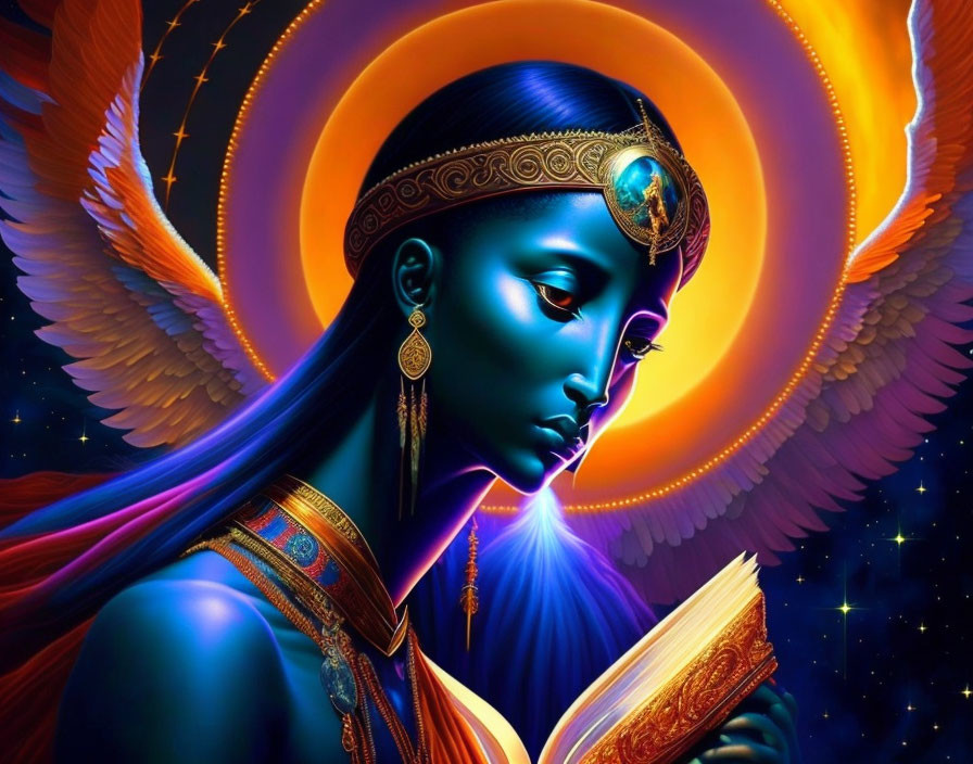 Blue-skinned woman reading glowing book surrounded by fiery phoenix wings on cosmic background