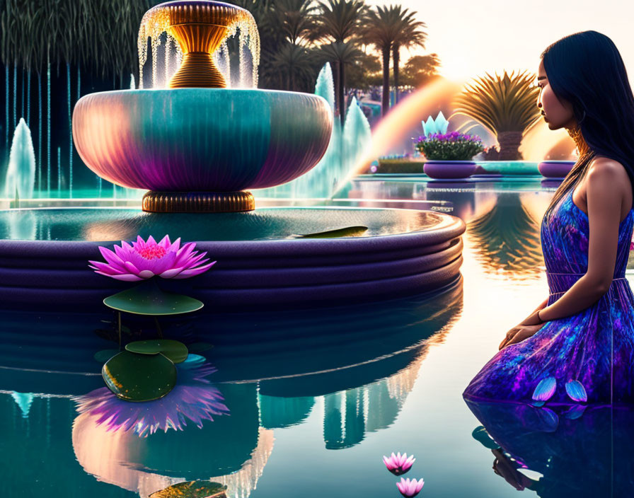 Woman in Blue Dress by Serene Fountain at Twilight with Water Lilies