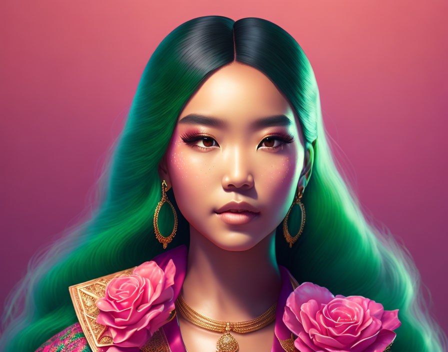 Woman with Ombre Green Hair and Gold Jewelry in Pink Background