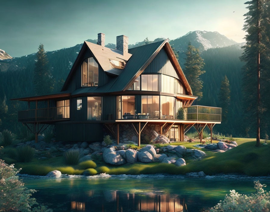 Riverside modern cabin with large windows, wraparound deck, rocks, river, and mountains at