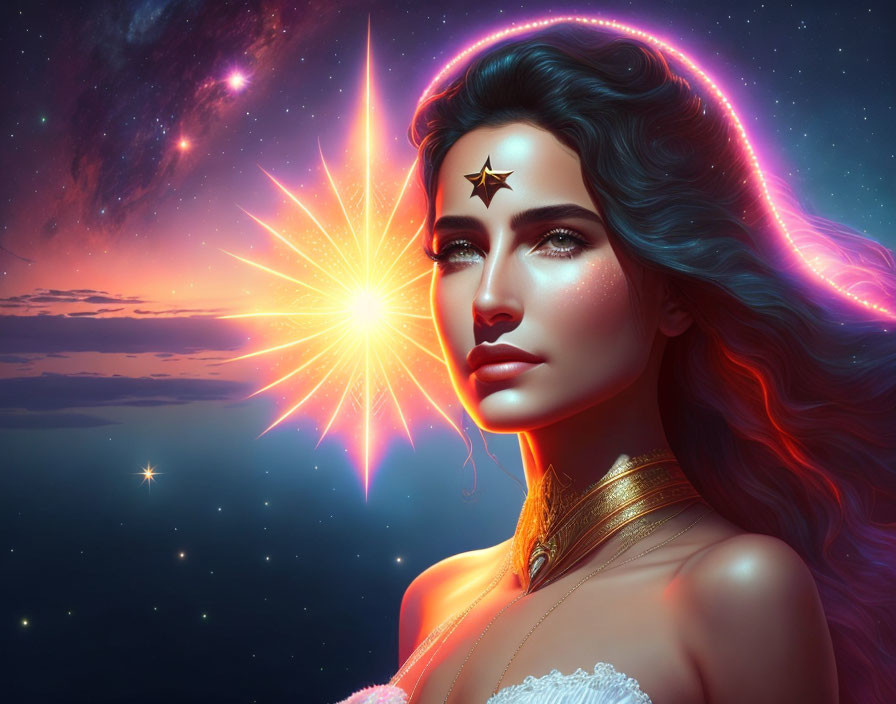 Cosmic-themed digital art portrait of a woman with glowing star makeup against starry night sky