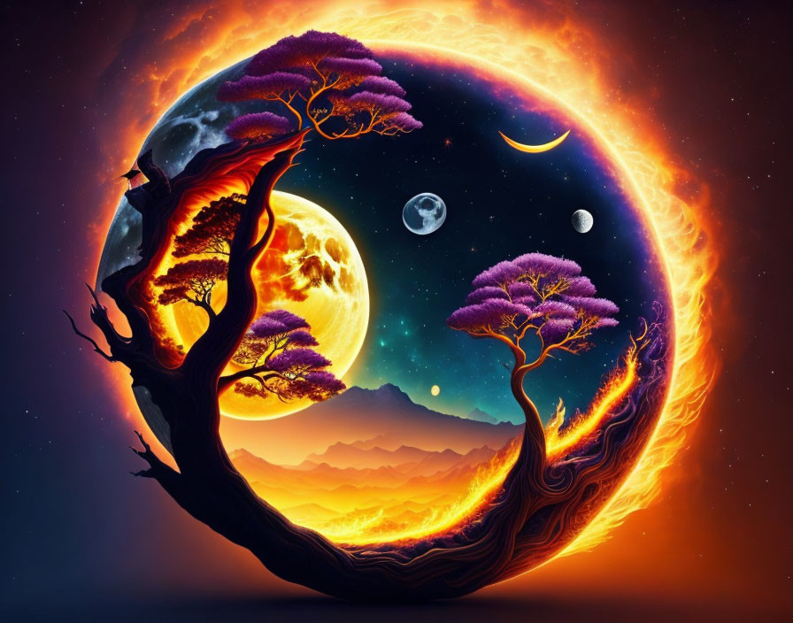 Fantasy artwork: Vibrant trees, purple foliage, moon, celestial bodies, fiery landscape, star