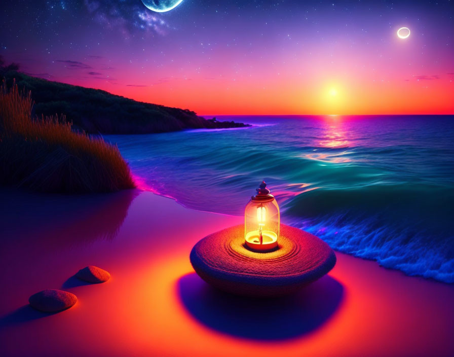 Surreal dusk scene: lit lantern on a straw mat, bioluminescent waves, cres