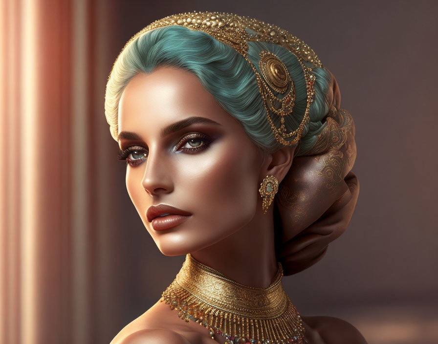 Elegant Woman with Turquoise Hair and Gold Accessories