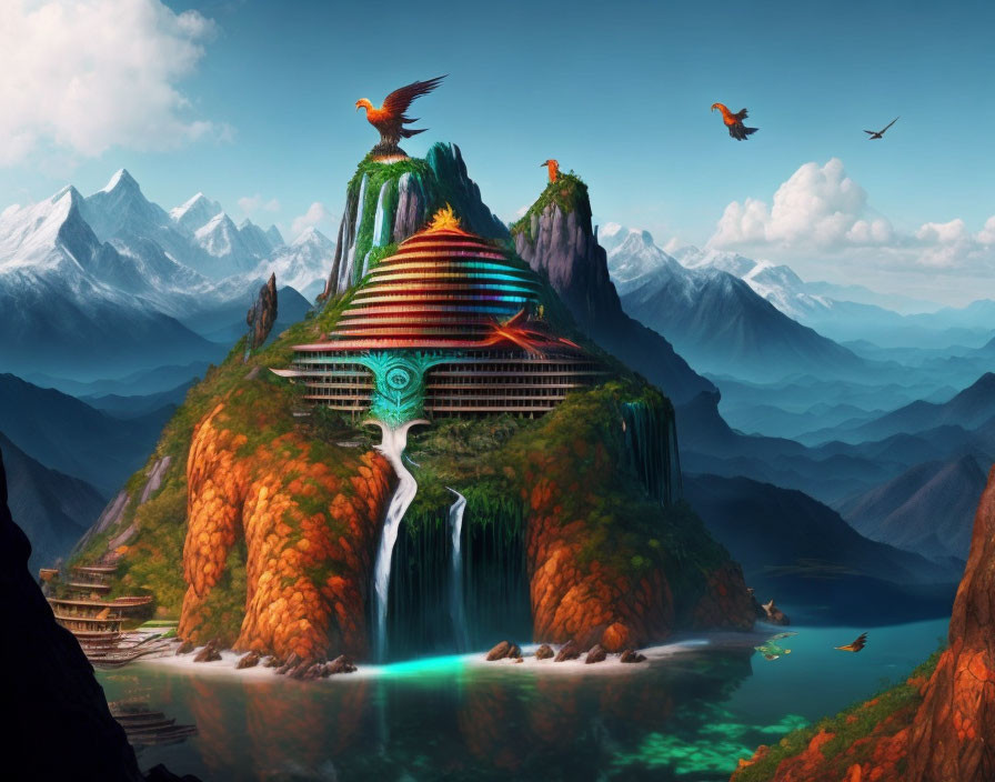 Vibrant terraced waterfall city with giant birds in mountainous landscape