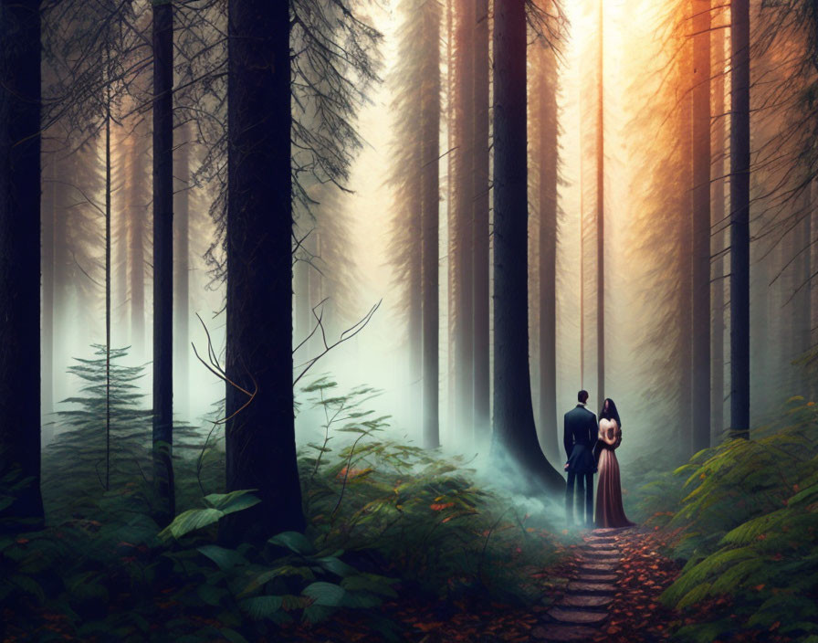 Couple walking hand in hand through misty forest with towering trees