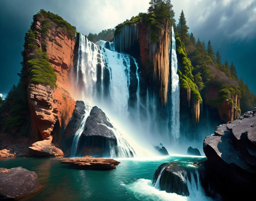 Majestic waterfall on red cliffs with serene pool and lush greenery