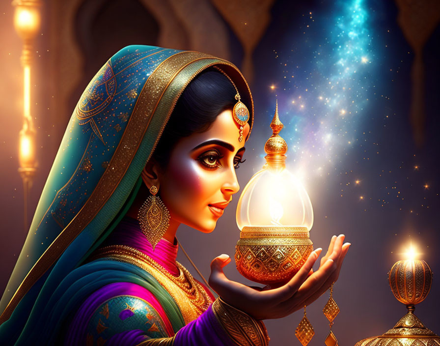 Illustrated woman in Indian attire with glowing lantern in warm, mystical setting