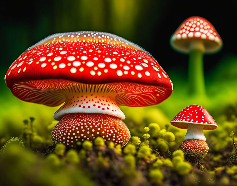 Vibrant red mushrooms with white spots on forest floor with green moss.