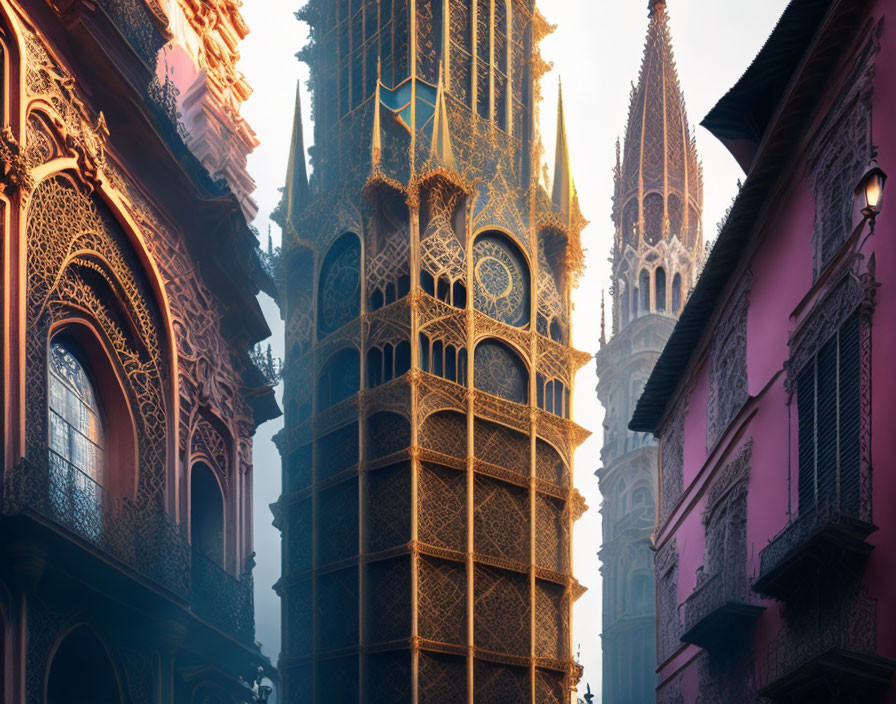 Gothic tower in warm sunlight between buildings