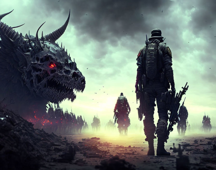 Lone soldier facing robotic army and dragon in dystopian battlefield