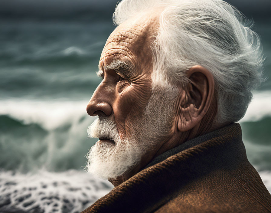 Elderly man with white hair and beard by the ocean