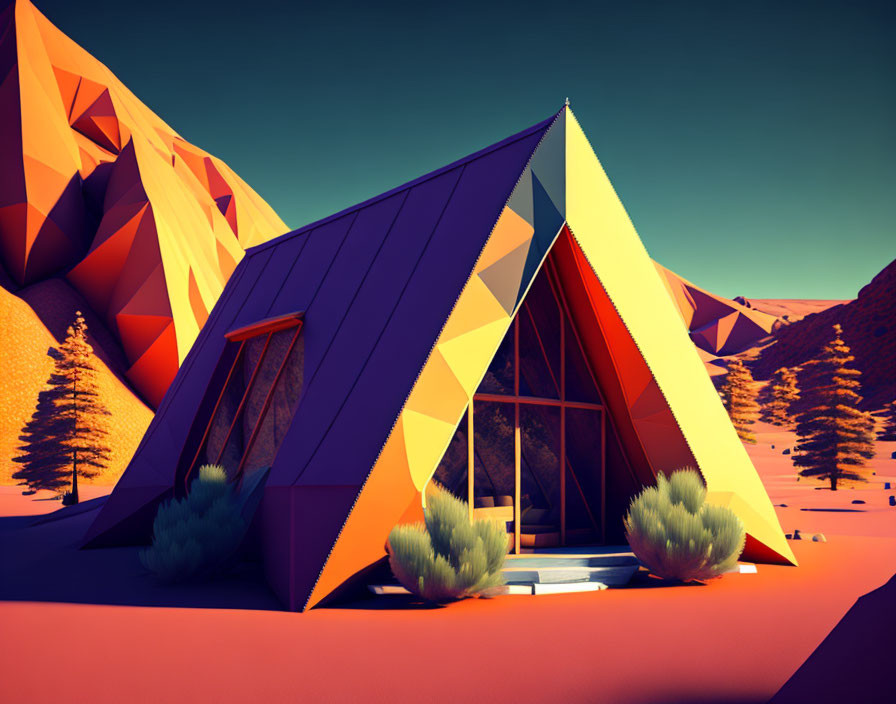 Modern geometric cabin in desert landscape at sunset