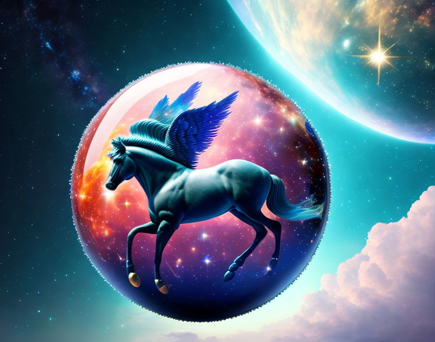 Winged horse galloping in cosmic galaxy