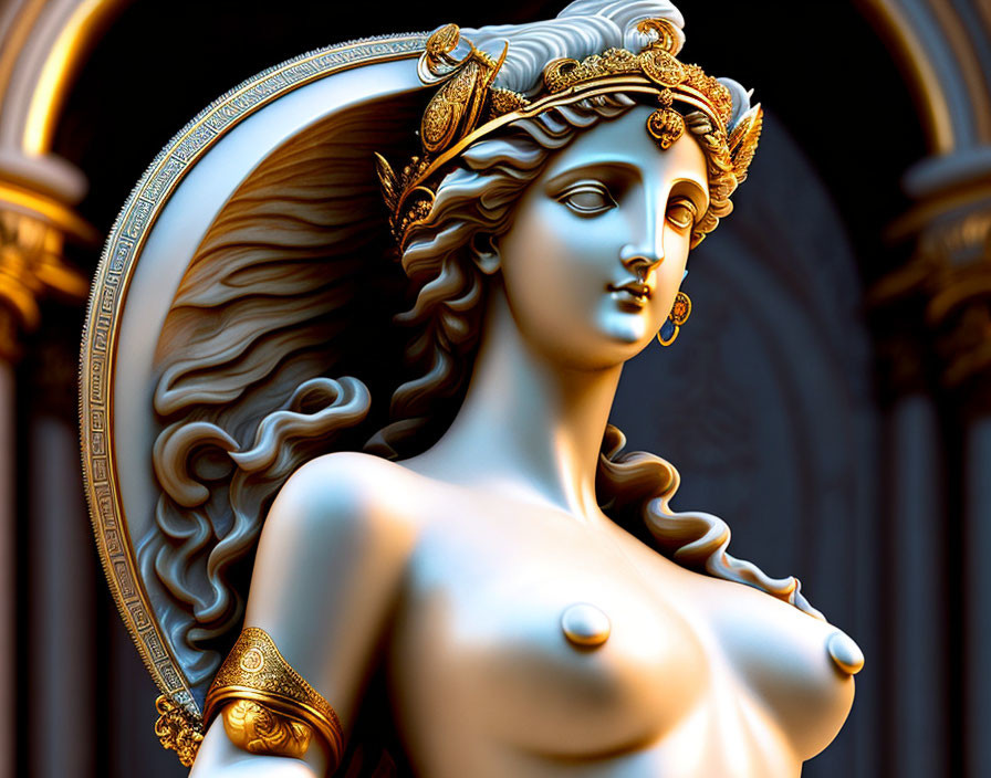 Classical statue 3D rendering of mythical female figure with ornate headgear and jewelry against arch