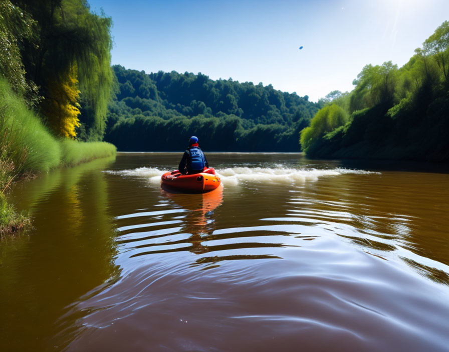 Person kayaking on calm river surrounded by lush greenery